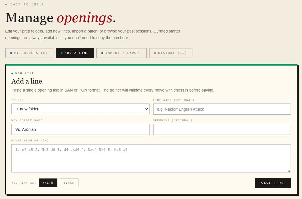 Opening trainer manage screen — adding a new prep folder